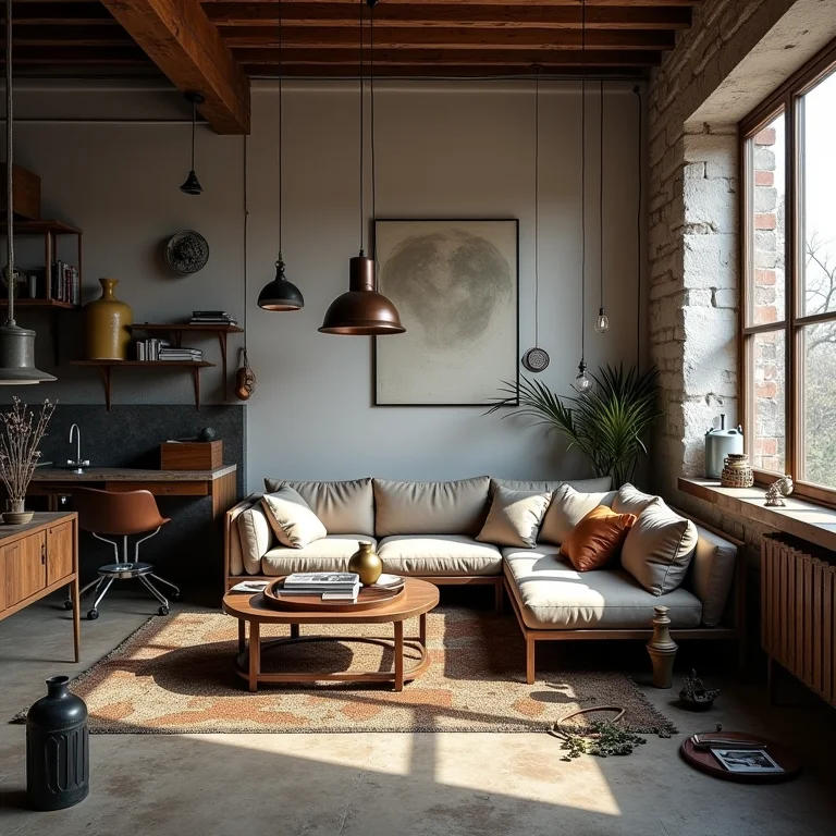 Sala de estar industrial com excesso de detalhes metálicos e visual desorganizado