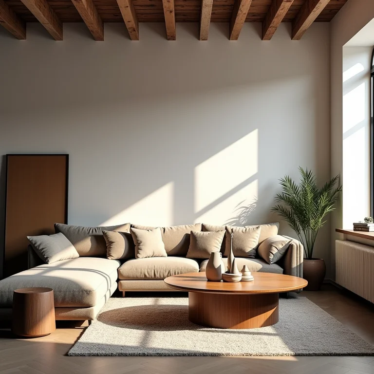 Sala de estar industrial com mobiliário selecionado e harmonioso