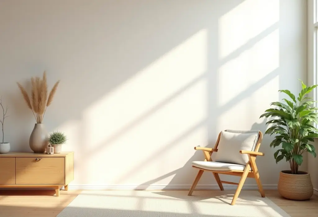 Sala de estar minimalista com design escandinavo e luz natural, transmitindo calma e equilíbrio