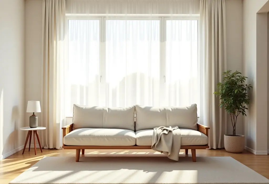 Sala de estar minimalista com futon estiloso e iluminação natural suave