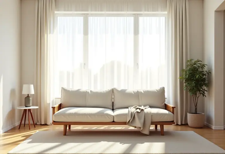 Sala de estar minimalista com futon estiloso e iluminação natural suave