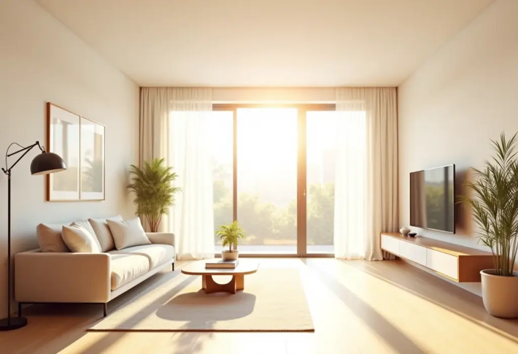 Sala de estar moderna e iluminada, representando o sonho da casa própria