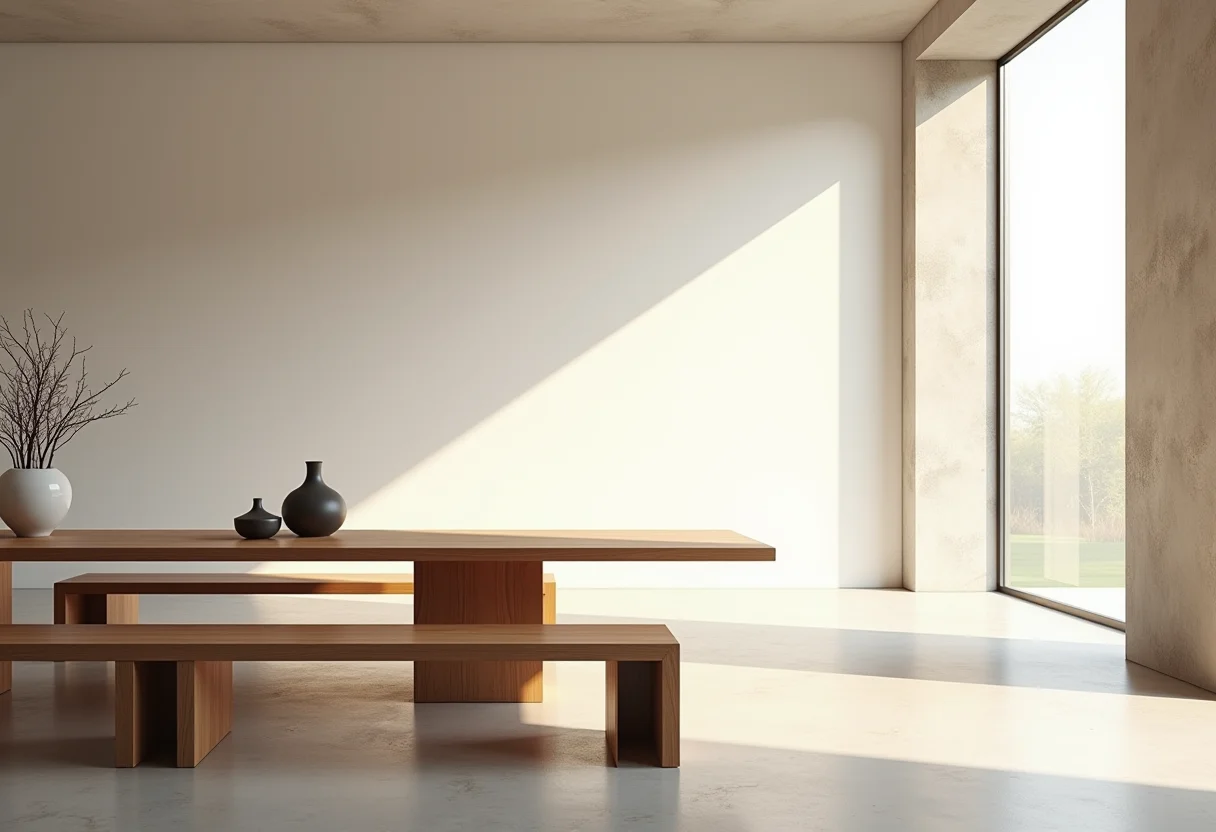 Sala de jantar com banco de madeira e mesa moderna