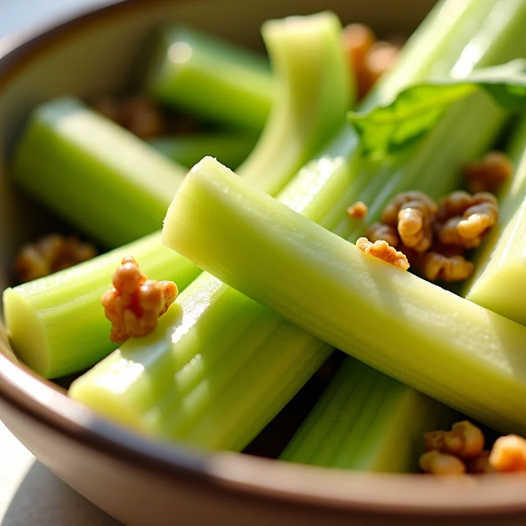 Salada crocante de aipo com maçã verde e nozes em uma tigela de cerâmica