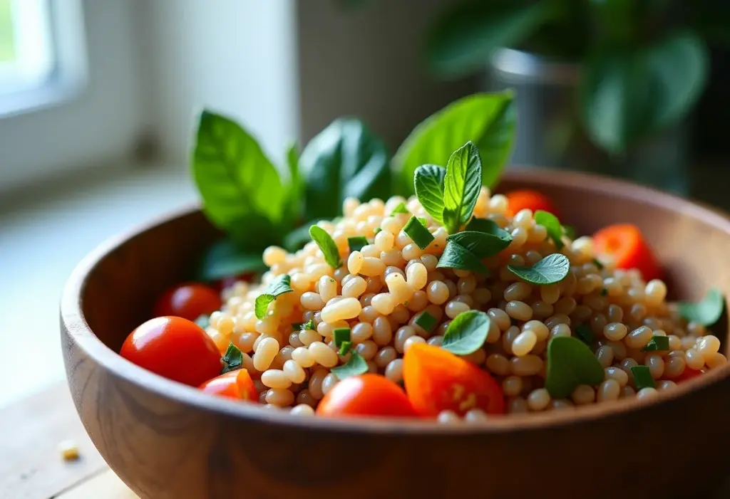 Salada de cevadinha fresca e nutritiva em tigela rústica