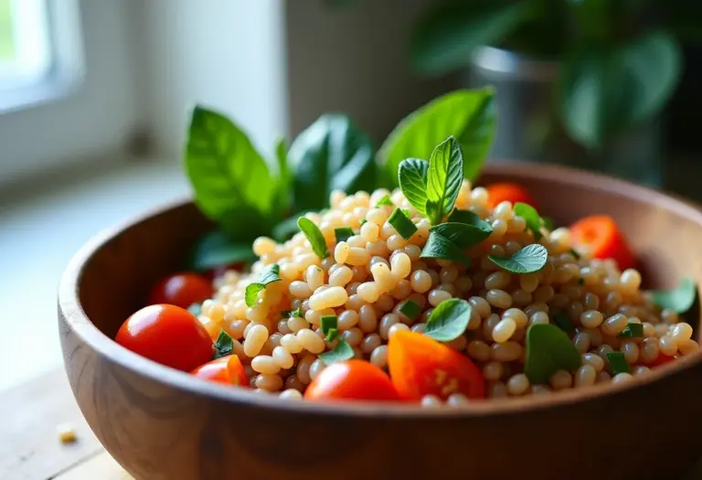 Salada de cevadinha fresca e nutritiva em tigela rústica