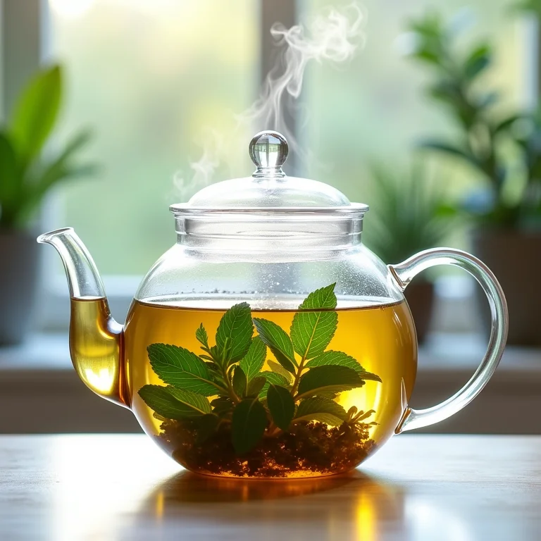 Sálvia e hortelã em infusão em bule de vidro