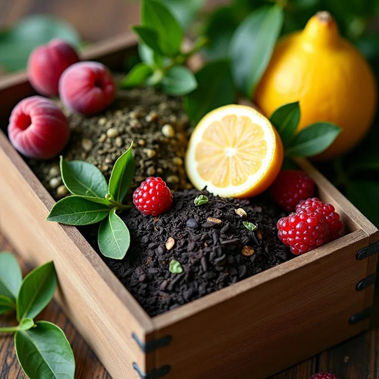 Seleção de chás: chá verde, chá preto, hibisco, limão, frutas vermelhas e pêssego.