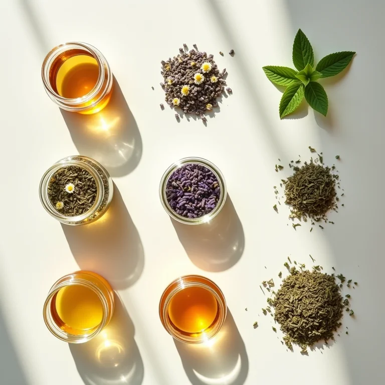 Seleção de chás de camomila, lavanda e hortelã para impulsionar a produtividade noturna.