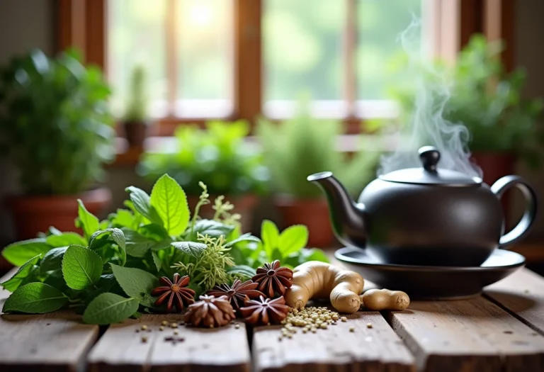 Seleção de ervas frescas para chá caseiro em mesa de madeira rústica.