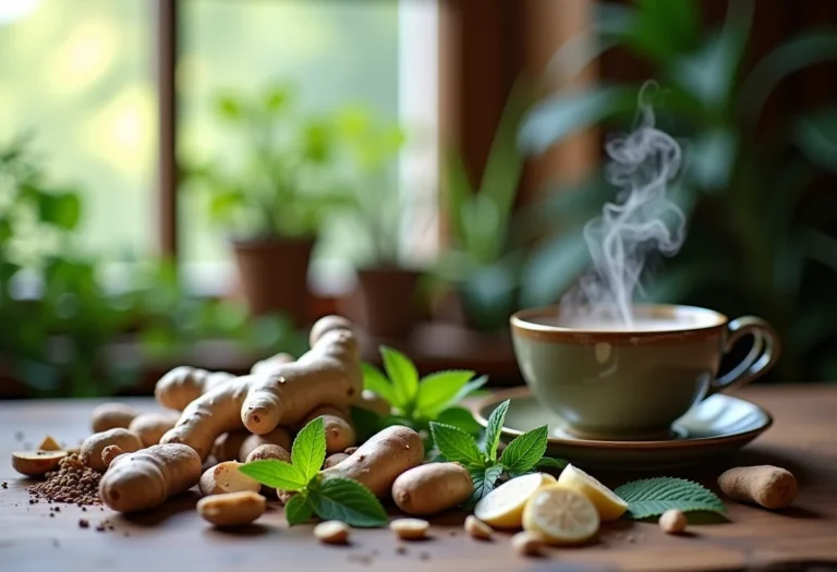 Seleção de ervas medicinais para chá expectorante: gengibre, alcaçuz, guaco, eucalipto e hortelã.