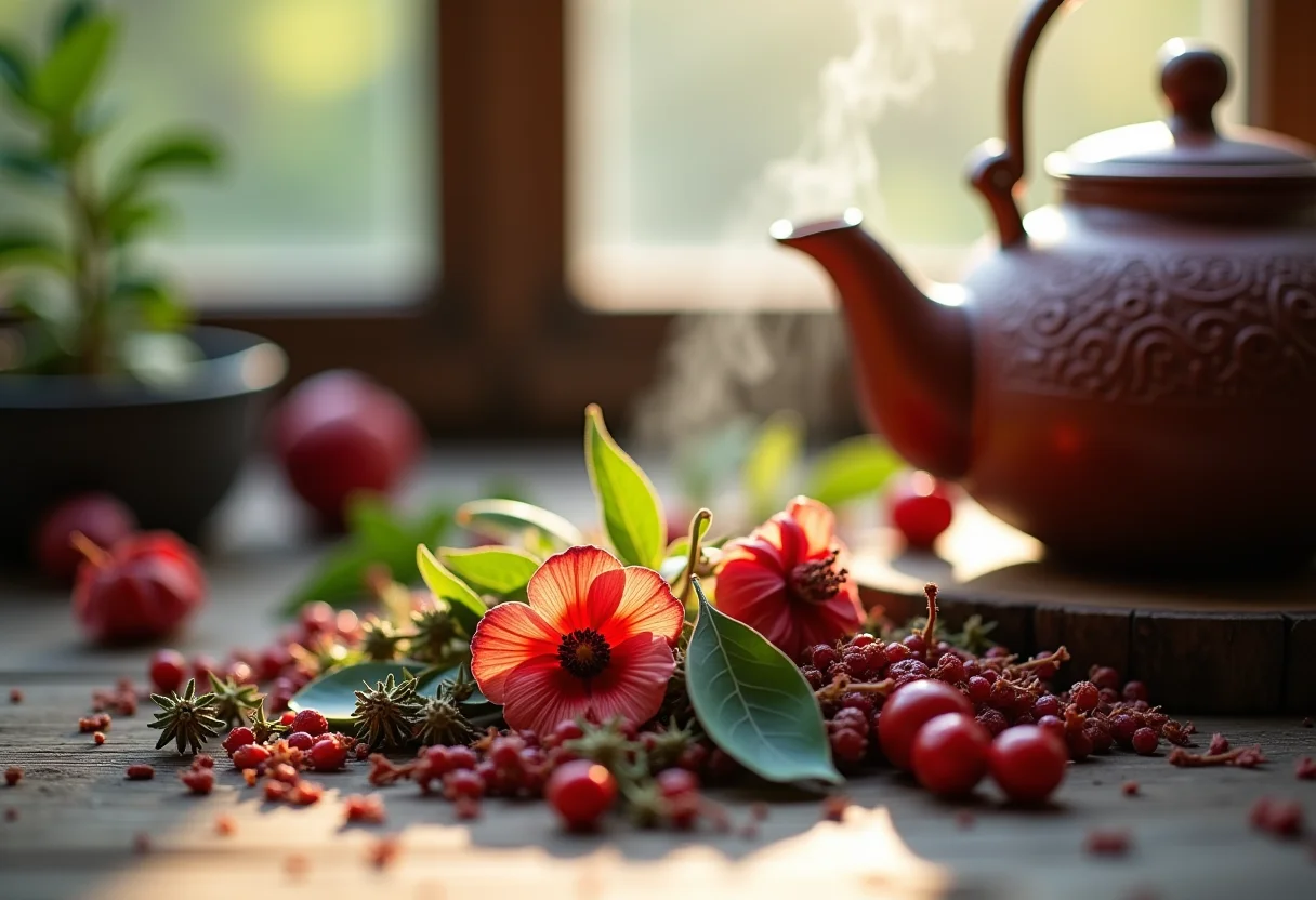 Seleção de ervas secas para chá de pressão alta em mesa de madeira rústica