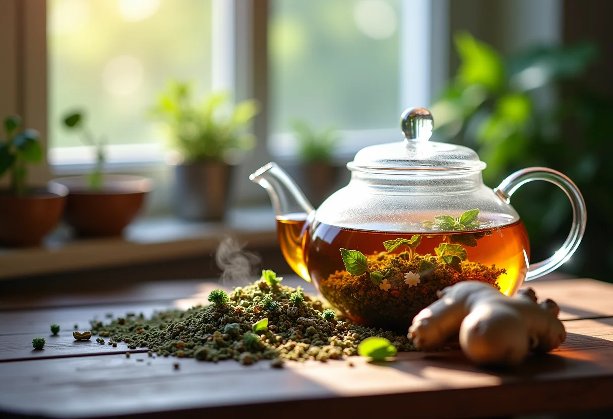 Seleção de ervas secas para chá em mesa rústica com bule de vidro fumegante