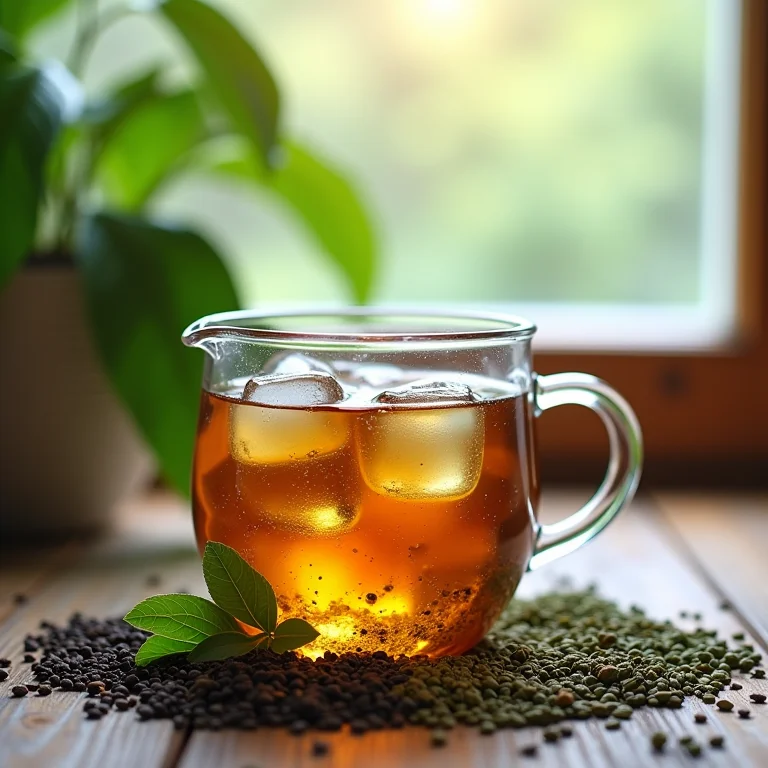 Seleção de folhas de chá e cubos de gelo para chá gelado