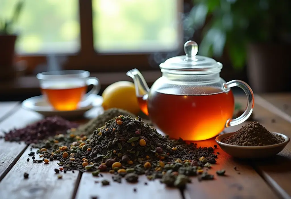 Chá gelado de folhas secas: O truque para um sabor perfeito Seleção de folhas secas e ervas para chá gelado em mesa de madeira rústica