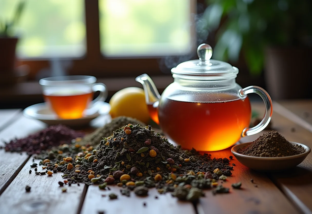 Seleção de folhas secas e ervas para chá gelado em mesa de madeira rústica