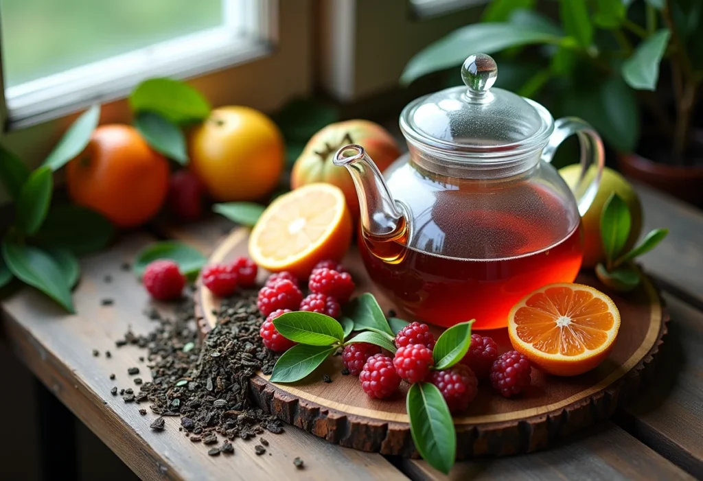 Seleção de frutas frescas e folhas de chá em infusão para um chá com suco revigorante
