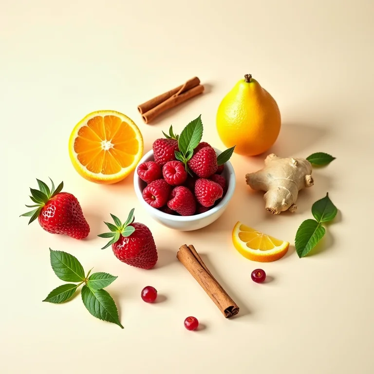 Seleção de frutas frescas, ervas e especiarias dispostas em uma superfície clara.