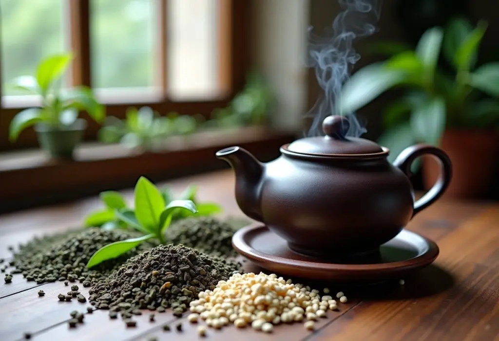 Seleção de ingredientes para chá (chá verde e chá branco) em mesa rústica de madeira