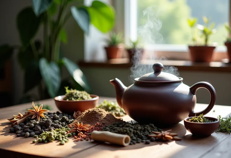 Seleção de ingredientes para chá dispostos em mesa rústica com bule fumegante