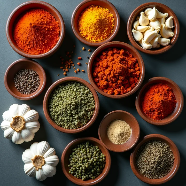 Seleção de temperos essenciais para bife à rolê.