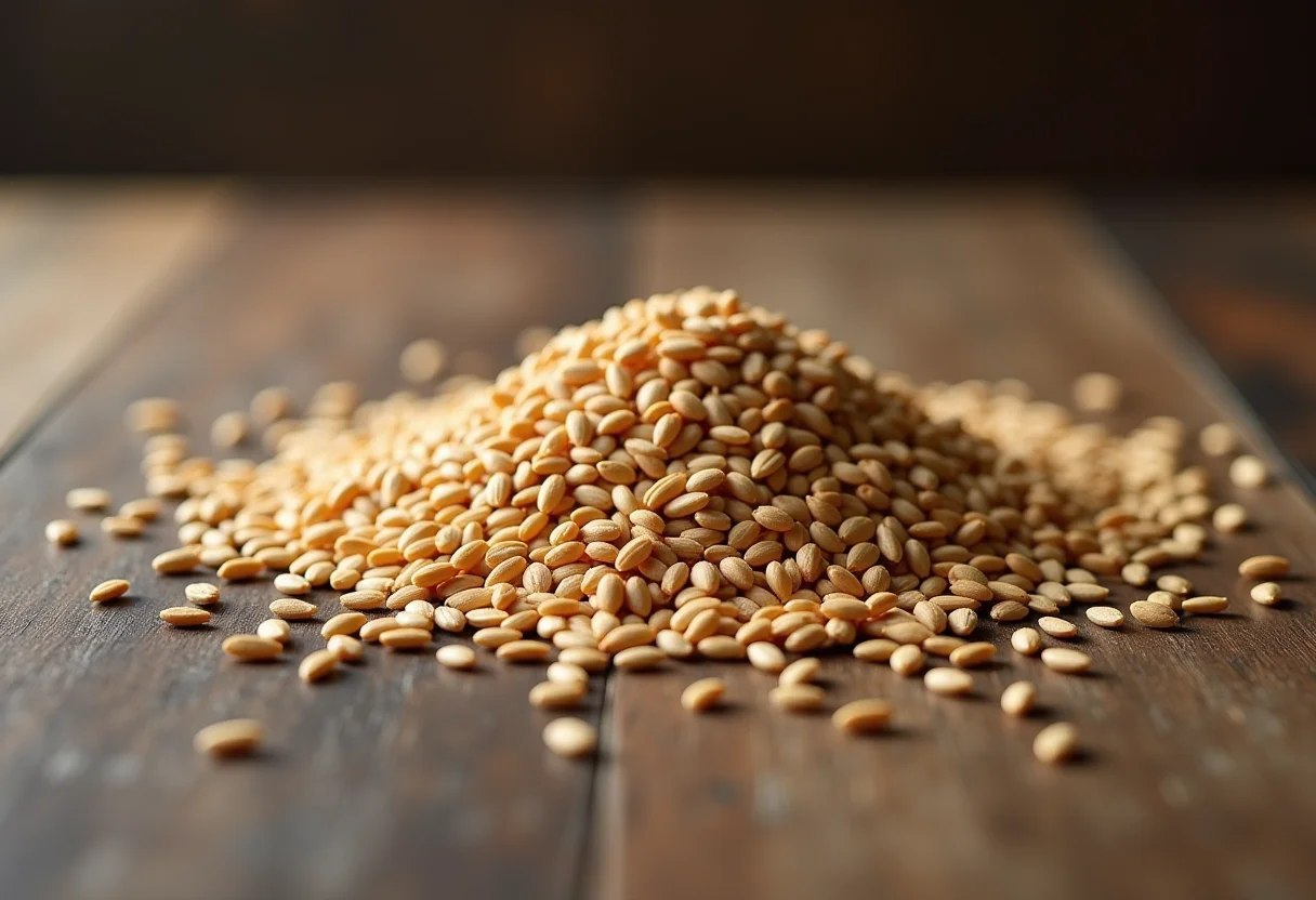 Sementes de alcaravia espalhadas sobre mesa de madeira rústica.