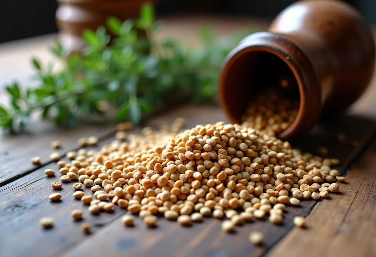 Sementes de alcaravia espalhadas sobre mesa de madeira rústica