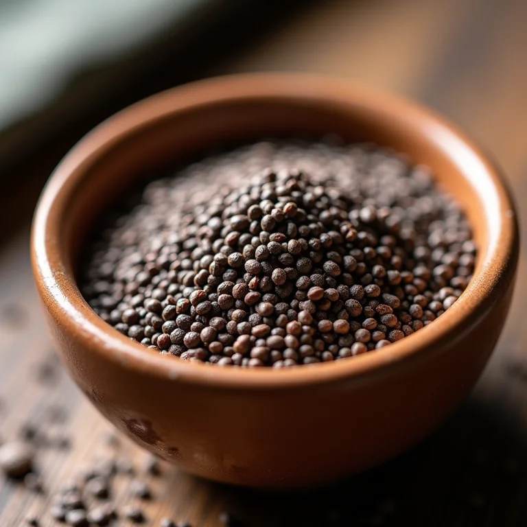 Sementes de chia cruas em tigela de cerâmica.