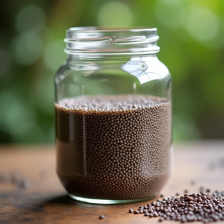Sementes de chia fermentando em água.