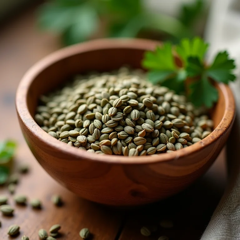 Sementes de coentro em um recipiente de madeira