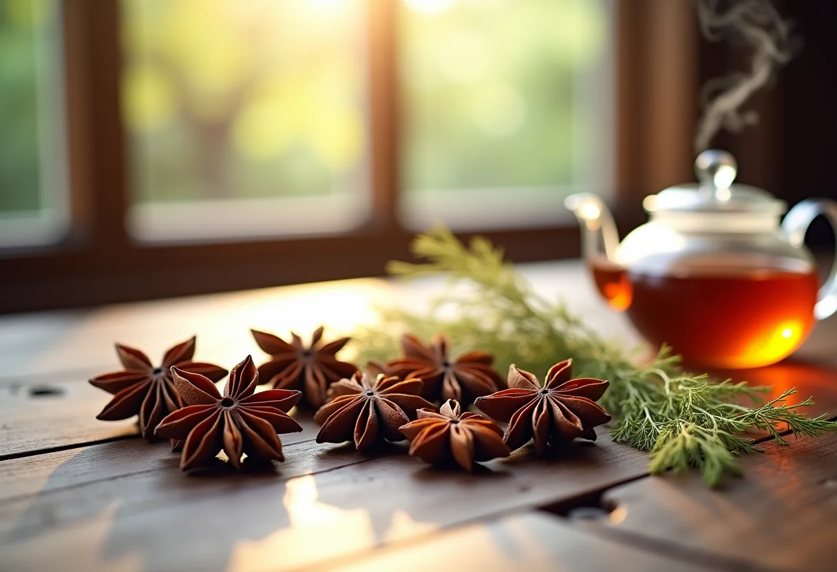 Sementes de erva-doce frescas e ramos secos em mesa rústica com bule de vidro fumegante.