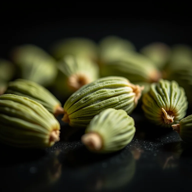 Sementes de erva doce secas em close-up, exibindo sua textura e cor verde pálida.
