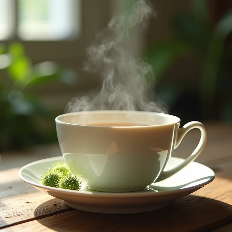 Sementes de funcho e xícara de porcelana com chá fumegante.