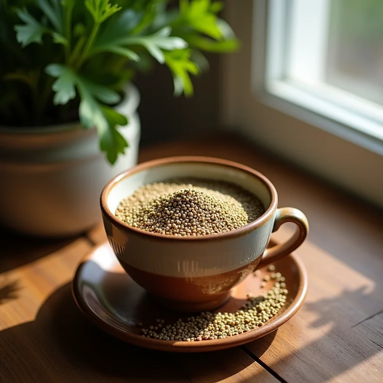 Sementes de funcho em infusão em xícara de cerâmica.