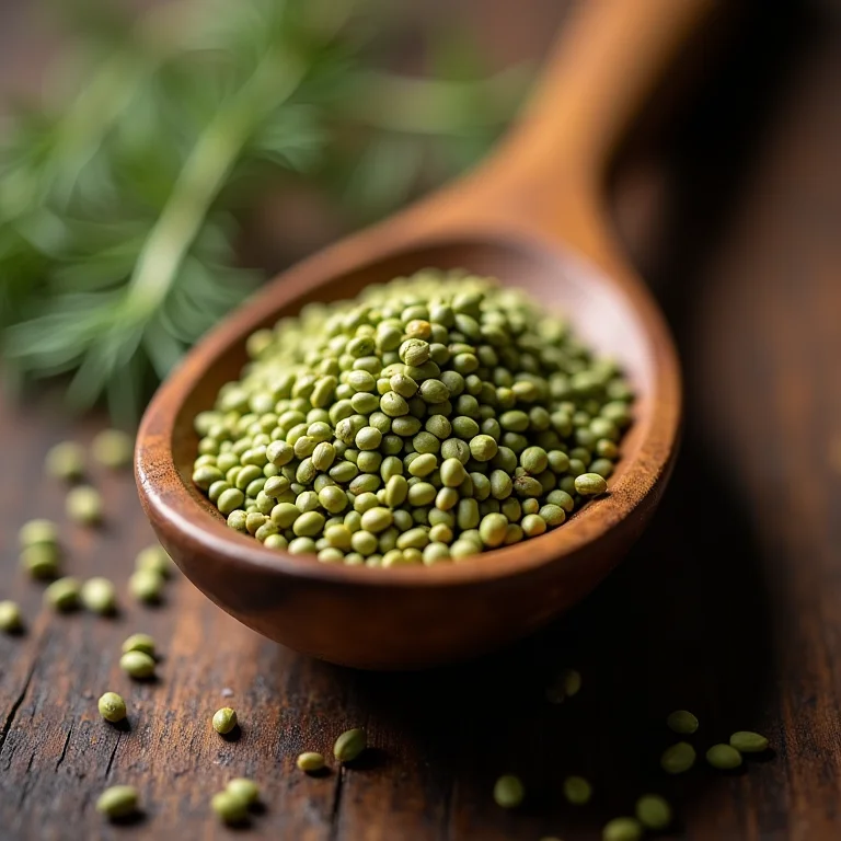 Sementes de funcho (erva-doce) em uma colher de madeira.