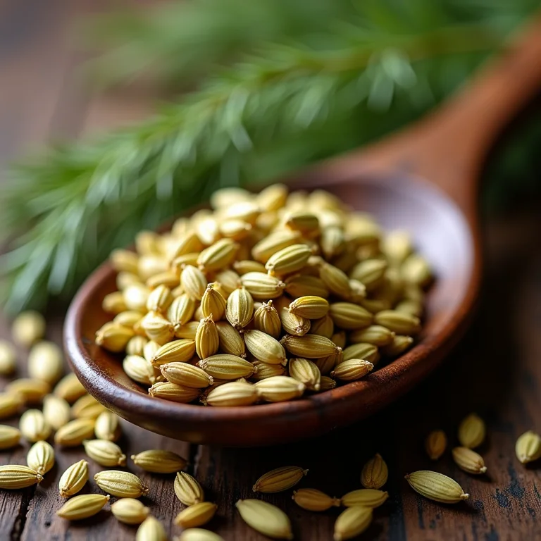 Sementes e folhas secas de erva-doce em uma colher de pau.