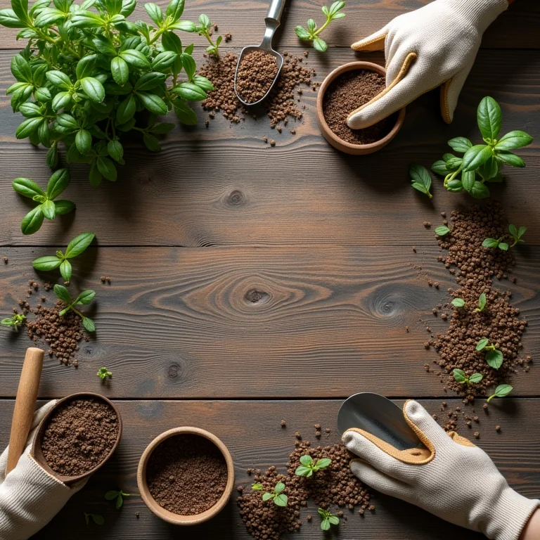 Sementes e mudas de arruda dispostas em uma mesa de madeira rústica.
