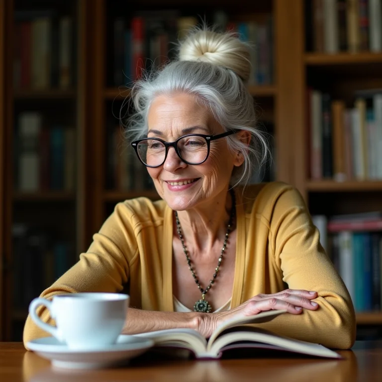 Senhora branca brasileira concentrada lendo com chá de Marapuama ao lado
