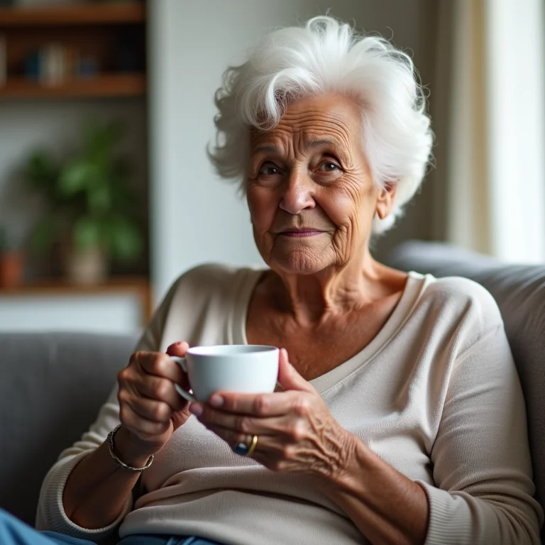 Senhora brasileira degustando chá com moderação em sala iluminada