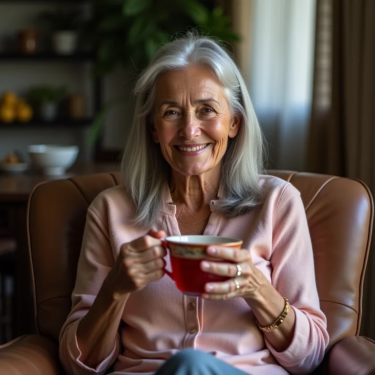 Senhora brasileira relaxando em casa com uma xícara de chá de hibisco.