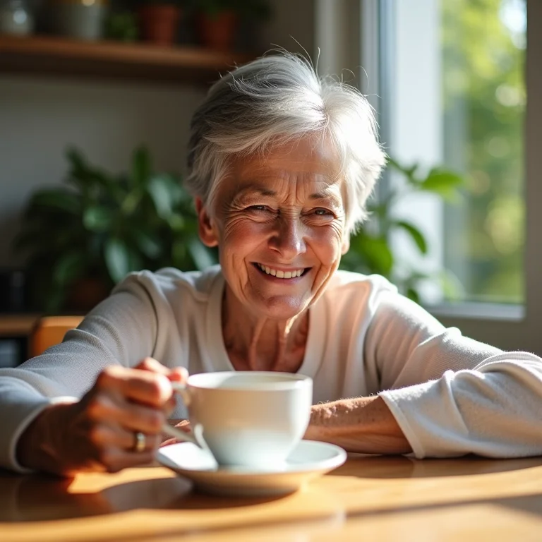 Senhora brasileira sorrindo enquanto bebe chá de erva cidreira