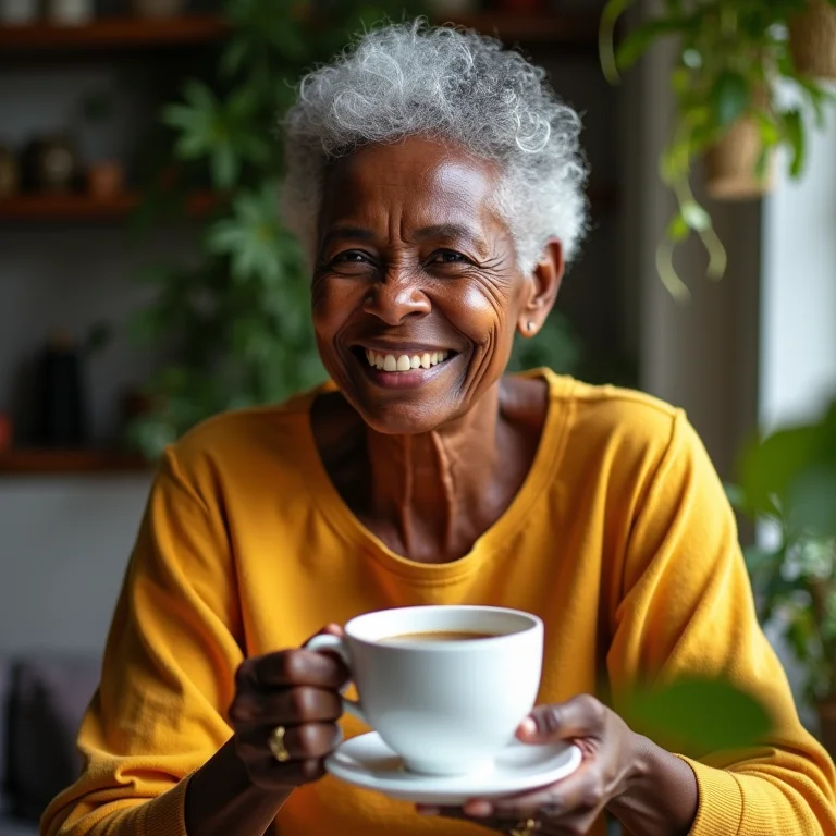 Senhora brasileira sorrindo enquanto bebe chá de erva cidreira para fortalecer o sistema imunológico.