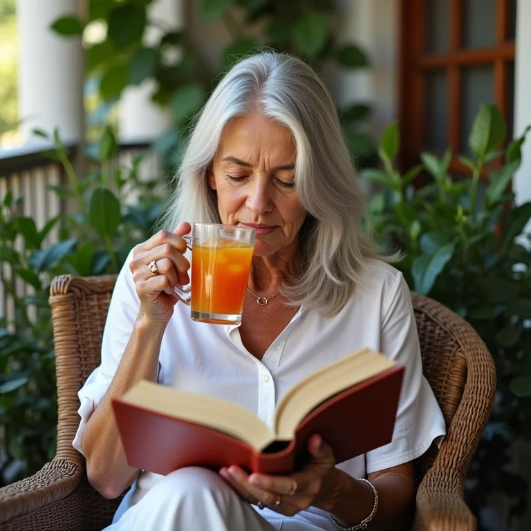 Senhora lendo um livro e bebendo chá gelado de laranja amarga na varanda.