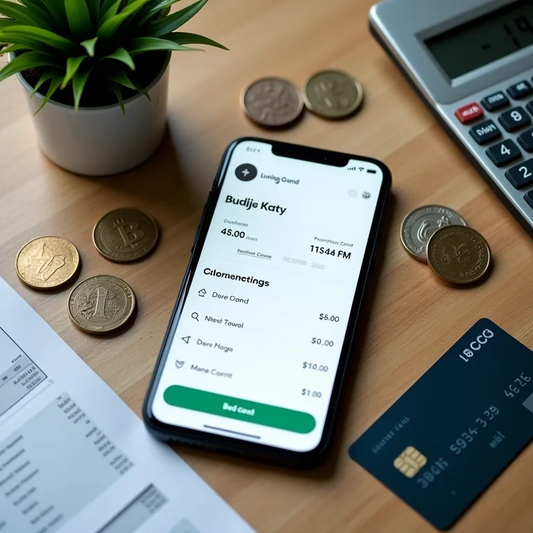 Smartphone com app de controle financeiro, moedas e calculadora