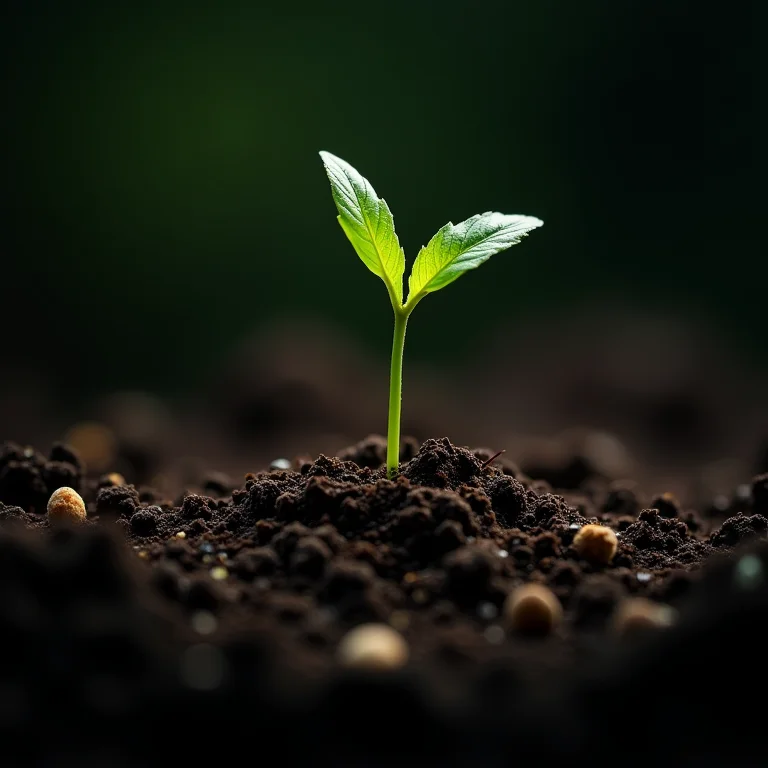 Solo com minerais e broto de cavalinha sob luz dramática