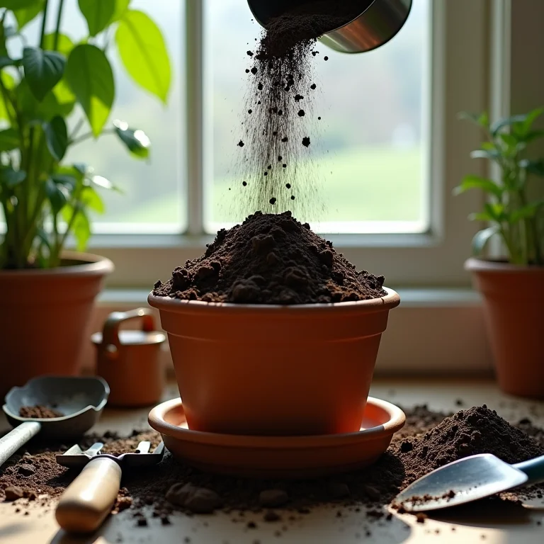 Solo fértil sendo colocado em um vaso de terracota para o plantio de arruda.