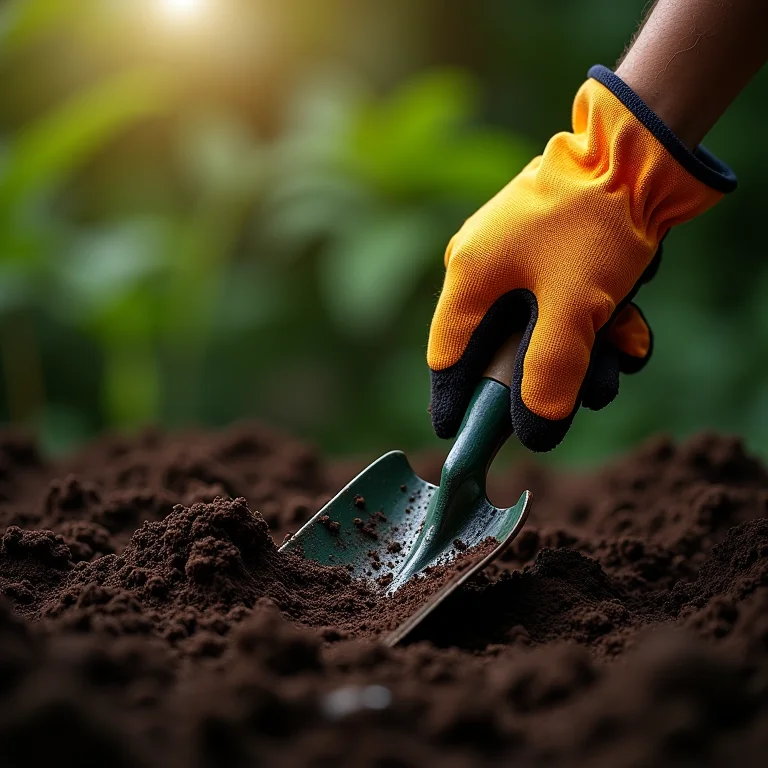 Solo ideal para o plantio de louro com pá e luvas de jardinagem