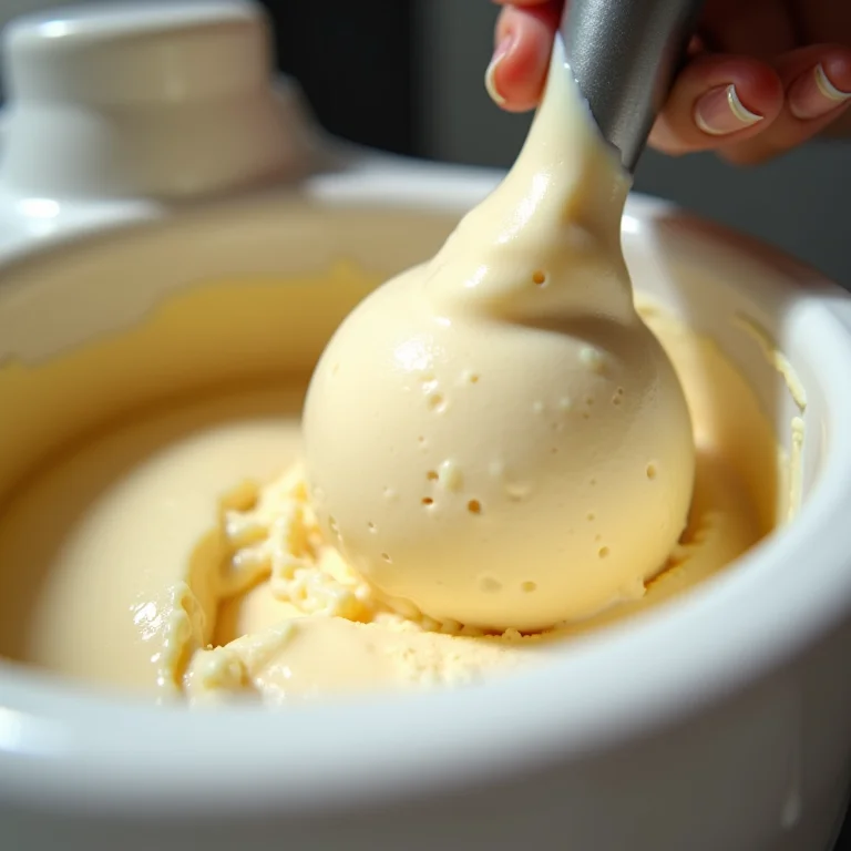 Sorvete de baunilha cremoso sendo preparado.