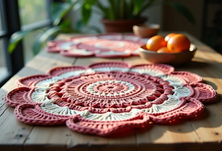 Sousplats de crochê em mesa de madeira rústica