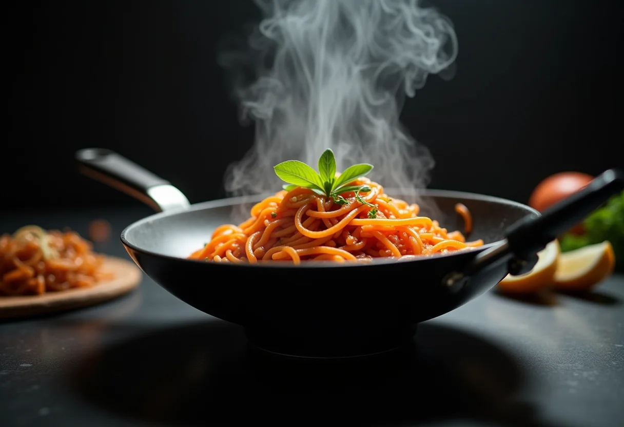 Stir fry com nirá fresco em wok, pronto para servir